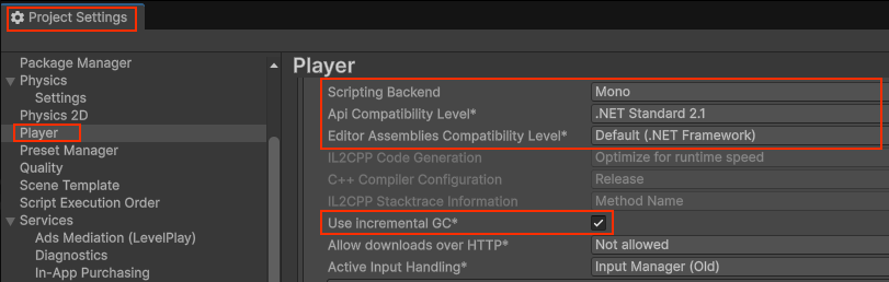 Project Settings Player